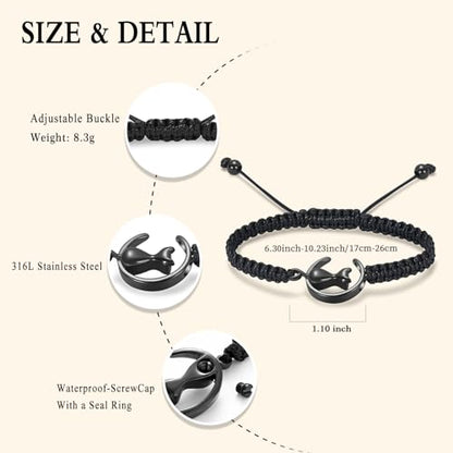 Oinsi Cat Urn Bracelet Cremation Jewelry for Pets Ashes Keepsake Handmade Braided Rope Adjustable Bangle Stainless Steel Urn Bangle Memorial Jewelry - color: A-Black