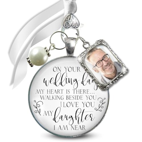 Gutsy Goodness Bouquet Charm On Your Wedding Day Memorial Honoring Mom Dad Grandma Grandpa Meaningful Bridal Floral Jewelry Silver Finish Pendant Bride's Flowers Photo Frames Parent Grandparent - color: White Bead, style: My Daughter | 1 Frame