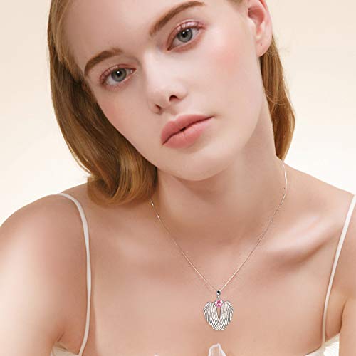 YFN Angel Wings Necklace 925 Sterling Silver Guardian Angel Wings Pendant Necklace Birthstone Necklace for Women Girls Christmas Jewelry Gifts - color: October-Pink