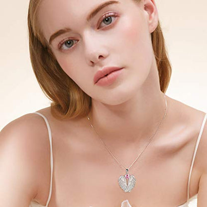 YFN Angel Wings Necklace 925 Sterling Silver Guardian Angel Wings Pendant Necklace Birthstone Necklace for Women Girls Christmas Jewelry Gifts - color: October-Pink