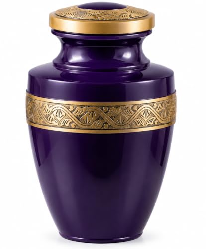 Cremation Urn for Human Ashes Adult Male/Female, 200 Cubic Inch Funeral Urn, Decorative Metal Burial Urn with Secure Screw-Top Lid, Grecian Design, Purple Gold Finish, Velvet Bag Included - color: Purple Gold Finish, size: Greacian 9x7