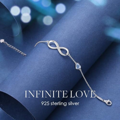 CDE 925 Sterling Silver Infinity Birthstone Bracelet Jewelry Gift for Women | Hypoallergenic,Non Tarnish,Heart CZ,Nickel-Free & Lead-Free,Anniversary Christmas Birthday Idea Gifts for Wife Girlfriend Her - color: Crystal-Blue