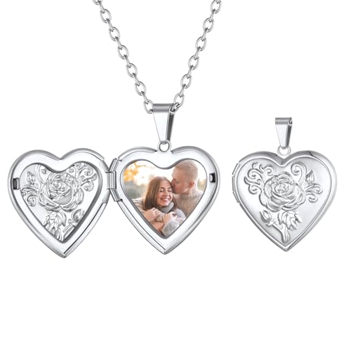 FindChic Locket Necklace for Women Custom Photo Memorial Gifts Multi-Shaped - color: Silver-Embossed Heart