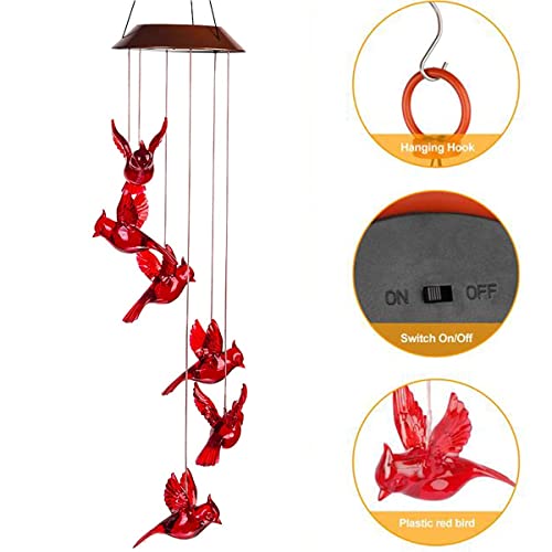 Solar Cardinal Wind Chimes Lights for Outside Garden Patio Decor | Red Bird Hanging Windchimes for Home/ Outdoors, Memorial Gifts Gifts for Mother Mom Grandma Women Birthday Christmas