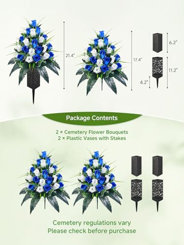 Mirevielyn 2-Pack 24 Stems Artificial Rose Cemetery Flowers with Vases - color: Royal Blue & White