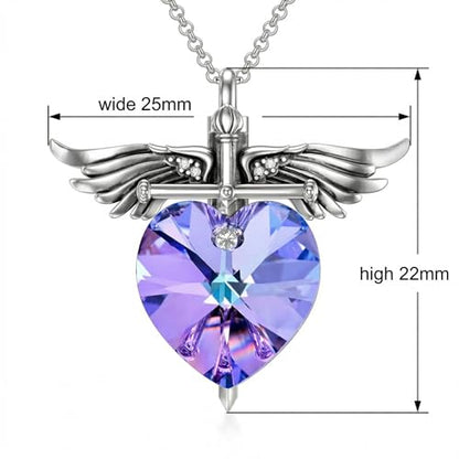 SOULMEET Memorial Wings Necklace for Ashes with Large Heart Crystal Birthstone, Angel Wings Urn Necklaces with Heart Shaped Birthstone Keepsake Silver Cremation Jewelry - style: B-February