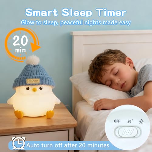 FAMIDUO Penguin Night Light for Kids, Silicone Nursery Lamp with Knit Hat - color: Grey Sitting Penguin