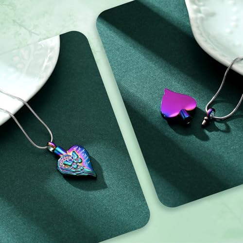Love Heart Cremation Jewelry Urn Necklaces Butterfly Urn Necklaces for Ashes Memorial Keepsake Pendant for Women Men Gifts With Funnel Kit & Bag - color: Rainbow