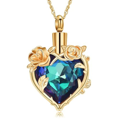 Cremation Jewelry for Ashes Rose Flower Urn Necklace with Crystal Heart Ashes Pendant Butterfly Necklaces for Women Men Memorial Keepsake Jewelry Gift - color: Gold-blue