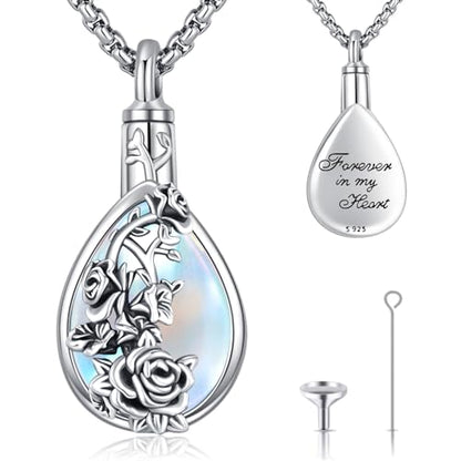 Urn Necklace for Ashes for Women/Men 925 Sterling Silver Cremation Jewelry w/Funnel Filler Memorial Jewelry Gifts - color: A-Rose- Moonstone, style: Non - Customized