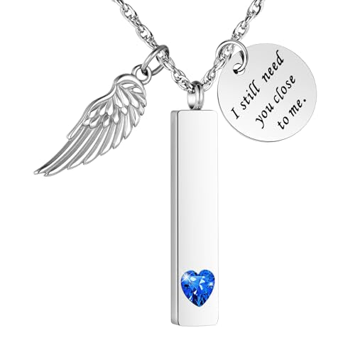 XIUDA Cremation Jewelry for Ashes with Angel Wing Charm Vertical Bar Urn Necklace Stainless Steel Memorial Keepsake Pendant for Women - color: Deep Blue