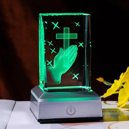 LONGWIN 3D Crystal Praying Hands Christian Religious Gifts for Women Men, Glass Laser Engrave Jesus Cross Figurine Cube Multicolor Led Night Light - style: Praying Hand
