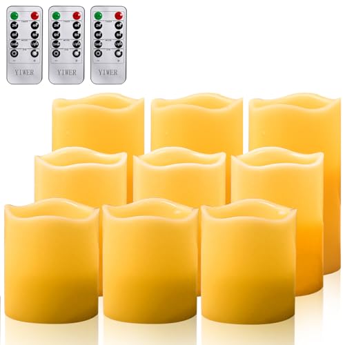 YIWER Wax Flameless Candles, Battery Operated Candle with 10-Key Remote and Time Flickering Light Ivory Pillar Fake Decor for (D3.15 x H 4"/5"/6",9-Pack) - color: D3.15"-Wax, size: 9PCS