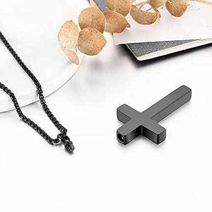 Dletay Cremation Necklace for Ashes Stainless Steel Cross Pendant Urn Necklace Memorial Keepsake Jewelry for Men Women - color: Black