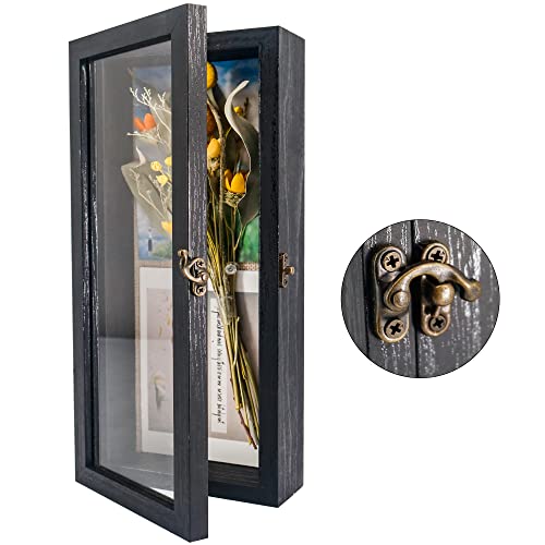 GraduatePro Shadow Box Frame 5x12.5 Display Case with Linen Back, Real Glass Window Door with Hinge, Picture Frame Wedding Bouquet Memorabilia Medals Photos Memory Box for Keepsakes, Rustic Black | Hinged Front Open Door with Tempered Glass, Linen Back wi
