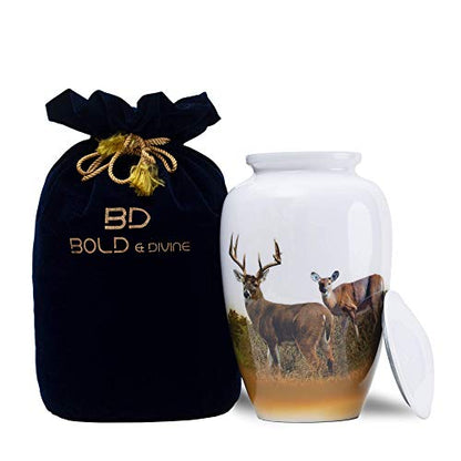 BOLD & DIVINE Hand Painted Deer Grazing Cremation Urn | Human Ashes Adult Memorial urn, Burial, Funeral Cremation Urns | 200 Cubic Inches (Large Adult Urn) with Unique Velvet Bag