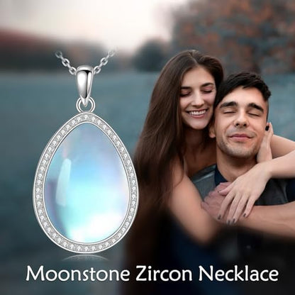 CRMAD Larimar/Opal/Lapis Lazuli/Tourmaline/Malachite/Labradorite/Turquoise/Onyx/Rose Quartz/Amber/Peridot Necklace for Women 925 Sterling Silver Teardrop Pendant Jewelry Gifts - color: Moonstone-zircon