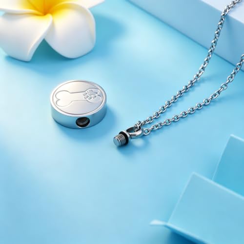 Round Pet Urn Pendant Necklace, Dog Paw Print and Bone Engraved Cremation Jewelry for Ashes, Stainless Steel Dog Keepsake Jewelry Urn Necklaces for Ashes for Women Men - color: Silver
