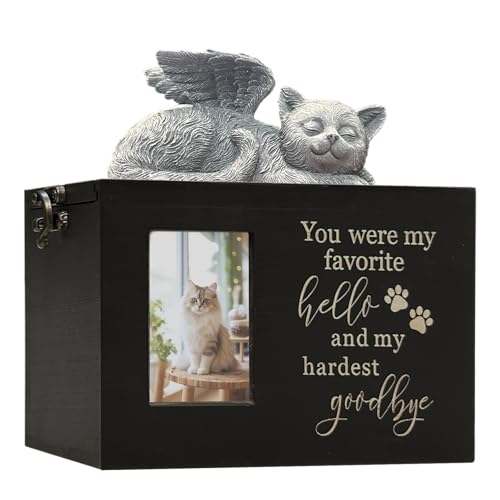 Pet Urn for Cat Ashes Box with Picture Black Funeral Cremation Box Solid Wood Keepsake with Flannel Lining for Loss of Cat or Dog Remembrance Gift (Black Cat Urn-Hello-Large) - color: Cat Urn-black-hello, size: Large