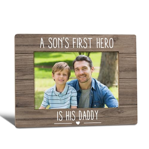 Dad Son Picture Frame, Father Gifts for Dad from Son, Thank You Appreciation Daddy Photo Frame 4x6, A Son's First Hero Is His Daddy Wooden Photo Picture Frames for Desk Tabletop Decor 050 - color: Brown