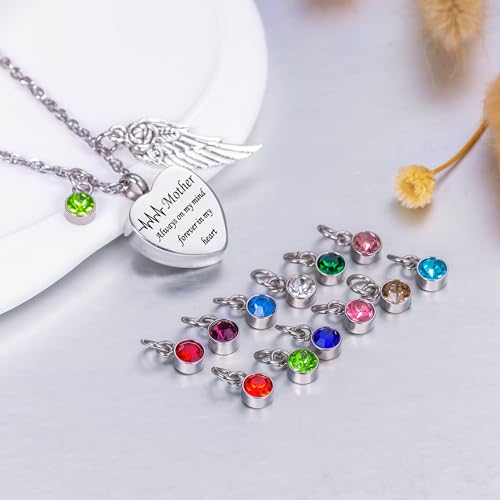 Gredstar Heart Urn Necklace for Ashes, ECG Memorial Pendant | Heartbeat Line, Angel Wing, 12 Birthstones, Stainless Steel, Screw Closure, Funnel & Box Included - style: Mother