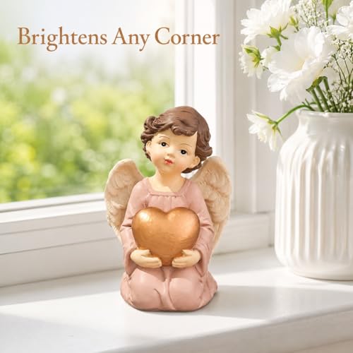 Guardian Angel Figurine Holding Gold Heart | Painted Resin Keepsake For Mom, Daughter, Sister, Friend, Desk, Shelf, Nightstand, Prayer Corner And Gift Occasions - size: 3.7"H