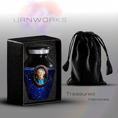 Blue Galaxy Photo Urn for Human Ashes – Personalized Cremation Tribute with Portrait, Name & Dates, Starry Sky Memorial Keepsake, Made in USA (Blue, Small) - size: Small