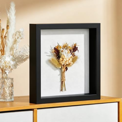 10x10 Shadow Box Frame with Ultra-Clear Glass & Soft Linen Back | With Push Pins and Stand, Deep 1.2" Black Shadow Box Display Case – Display on Tabletop or Wall for Photo, Flower, Keepsakes - color: Black+high Definition Panel + Shatter-proof Packaging,