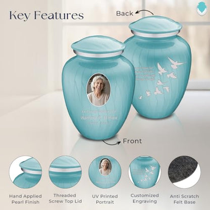 Geturns Embrace Adult Personalized Doves Cremation Urns for Human Ashes I Large Picture Pearl Light Blue Funeral Urn for Adult Men and Women with Double Side Engraving I 200 lbs - color: _Pearl Light Blue (Double Sided)