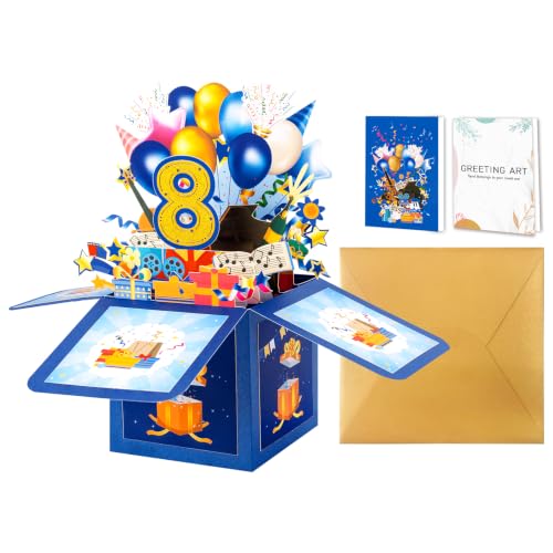 GREETING ART 8th Birthday Pop Up Card for Girl Boy,8 Year Old Birthday Card - color: 8th