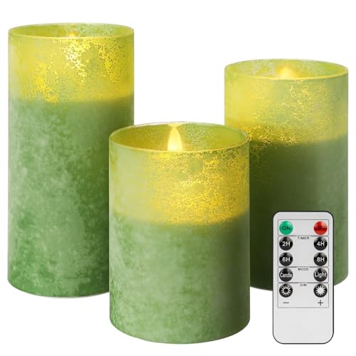 ANGELLOONG Green Pillar Candles Battery Operated for Christmas Decor | Flickering Flameless Candles with Remote, Glass LED Candlees for St. Patrick's Day Home Decor, Set of 3 - color: Sandblast Green