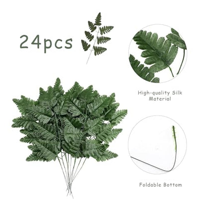 24PCS Artificial Silk Green Fern Leaves Realistic Cemetery Flowers & Leaf Picks for for Cemetery, Grave, Headstone, Wedding & Home Décor