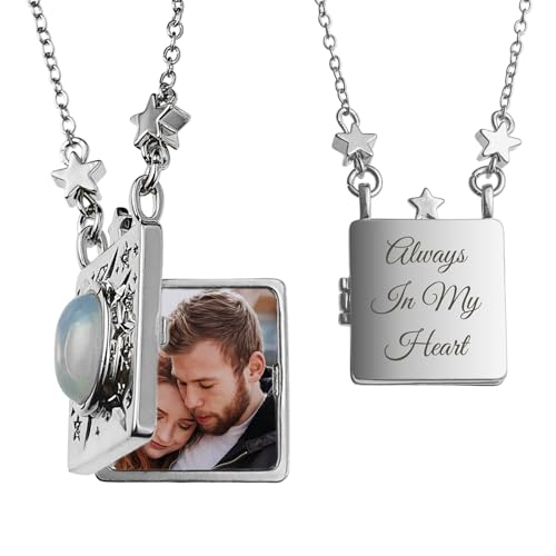 Vintage Opal Stone Embossed Galaxy Star Moon Photo Locket Pendant Book of Love Necklace Holds Pictures DIY Gifts - color: Silver - 1 Text + 1 Photo