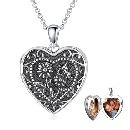 PELOVNY Birth Flower Locket Necklace for Women 925 Sterling Silver Flower Butterfly Heart Photo Locket Pendant Birthday Christmas Jewelry Gifts for Mom Daughter Wife Sister - color: 04-Daisy
