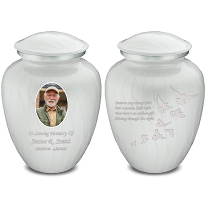 Embrace Adult Personalized Doves Cremation Urns for Human Ashes I Large Picture Pearl White Funeral Urn for Adult Men and Women with Double Side Engraving I 200 lbs - color: _Pearl White (Double Sided)