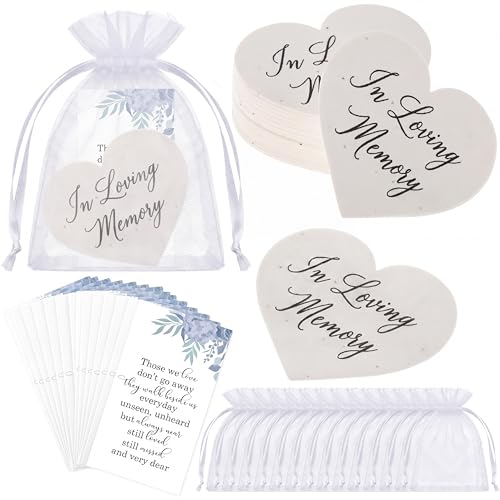 Dunzoom 24 Sets 2.5 x 2.8 in Plantable Wildflower Seed Paper 72 Pcs Heart Shaped Seed Paper Prayer Cards Organza Bags Funeral Favors Celebration of Life Decorations for Funeral Guest Return Favors