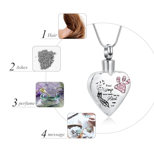 memorial jewelry Your Wings were Ready, But My Heart was Not Stainless Steel Carved Locket Cremation Urn Necklace for Pet Dog Cats - color: Your Wings-Pink