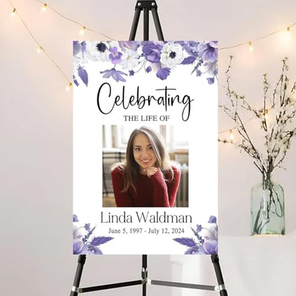 Personalized Photo Funeral Sign - Purple Floral Celebration Of Life Photo Sign - In Loving Memory Sign - Celebration Of Life Banner - Large Funeral Sign - Funeral Program - Funeral Decorations - Celebration Of Life Poster - Memory Signs For Funeral - colo