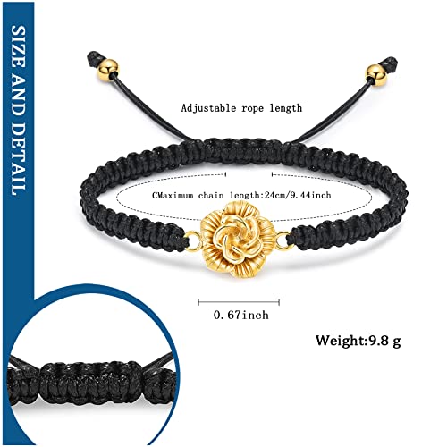 Rose Flower Ashes Bracelet Adjustable Braided Rope Cremation Jewelry | mini urn, stainless steel material, for women, waterproof sealed ring & lobster clasp keep ashes secure, with a filling tool - color: Golden