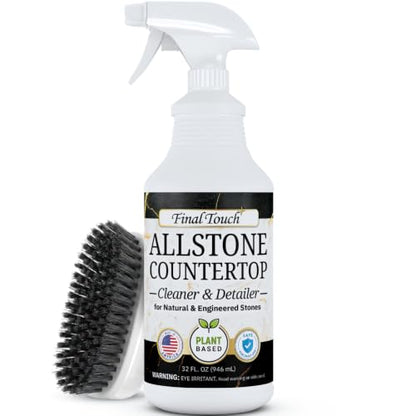 Final Touch AllStone Countertop Cleaner – Plant-Based Stone Safe Cleaning Spray with Scrub Brush – Daily Use Cleaner for Granite, Quartz, Marble, Kitchen Counters – Streak-Free Detail Clean