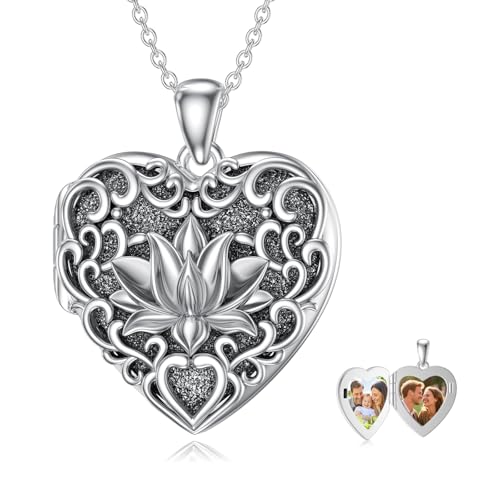Dorunmo Personalized Heart Locket Necklace That Holds 2 Picture 925 Sterling Silver Custom Lockets Pendant Memorial Jewelry Gifts for Mom Sisters - color: Lotus, style: Non-Personalized