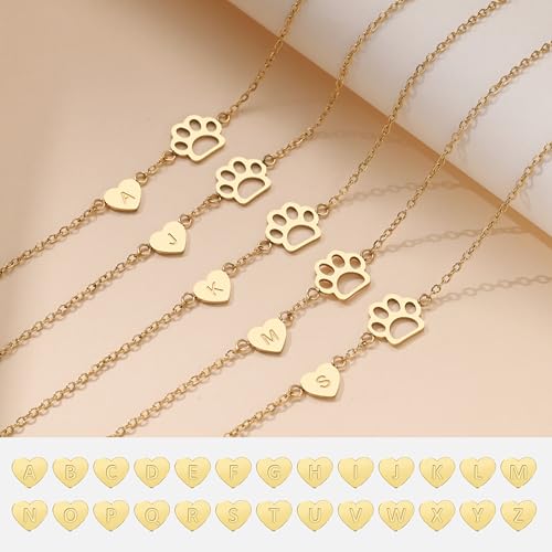 Dog Memorial Gifts for Loss of Dog Paw Initial Bracelet for Women with Heart Dogs Mom Gifts Adjustable Pet Paw Gold Bracelets for Women Memorial Gift for Pet Lover Birthday Jewelry - style: 1A