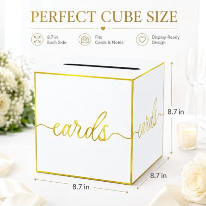 White and Gold Foil Card Box for Wedding, Bridal Shower and Anniversary | Collect Cards and Envelopes in One Place with an 8.7 Inch Cube, Wide Top Slot and Elegant White Gold Foil Design - color: White Gold