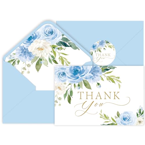 24 Pack Floral Thank You Cards with Envelopes, Watercolor Blue Greeting Cards with Matching Adhesive Envelopes for Graduation Summer Wedding Bridal Shower Birthday - style: 24pcs - Blue Rose