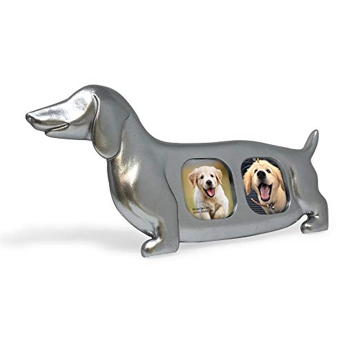 Isaac Jacobs Double 2x2 Resin Sentiments Dog Shaped Picture Frame - Silver | Photo Gift for Pet Puppy, Tabletop, Desktop & Wall Display (2x2, Silver) - color: SIlver