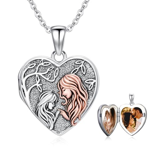 Locket Necklace for Women 925 Sterling Silver Celtic Locket Pendant Necklace Moonstone/Turquoise/Black Agate Heart Shaped Locket Necklace Jewelry Gifts for Women - style: Heart Locket-Mom and Daughter