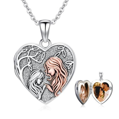 Locket Necklace for Women 925 Sterling Silver Celtic Locket Pendant Necklace Moonstone/Turquoise/Black Agate Heart Shaped Locket Necklace Jewelry Gifts for Women - style: Heart Locket-Mom and Daughter