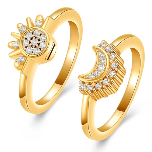 Cremation Jewelry for Ashes Rings - Celestial Sun and Moon Ring Set,Sparkling Sun Ring/Blue Moon Ring/Silver Plating,Friendship Promise Ring,Stackable Celestial Rings,Gift for Women/Girls - color: Gold, size: 10