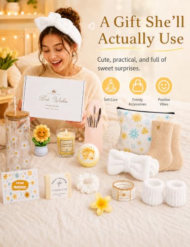 14PCS Gifts for Teen Girls - Gift Basket for Teen Girl, Gifts Trendy Stuff | Unique Birthday Gift Sets for Teen Girls, Daughter, Sister, Friend, Sweet 16th 18th 21st, Yellow - color: Beige