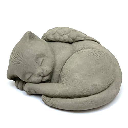 Sleeping Cat with Wings: Durable Solid Stone Pet Memorial Statue. Unique Home Décor, Garden Accent. Sealed for Outdoors. Handcrafted USA. (Antique/Grayish)